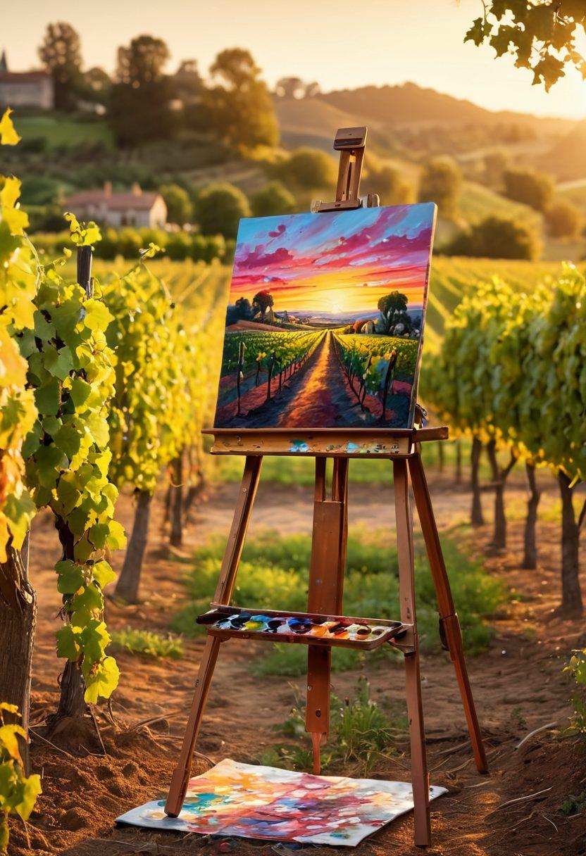 A picturesque vineyard at sunset, with lush grapevines intertwined with colorful paint splatters, symbolizing the fusion of winemaking and art. An artist's easel stands in the foreground, displaying a wine bottle and a canvas with swirling wine colors, surrounded by tools like brushes and palettes. Soft golden light enhances the warmth of the scene, inviting creativity and inspiration. super-realistic. vibrant colors. 3D.