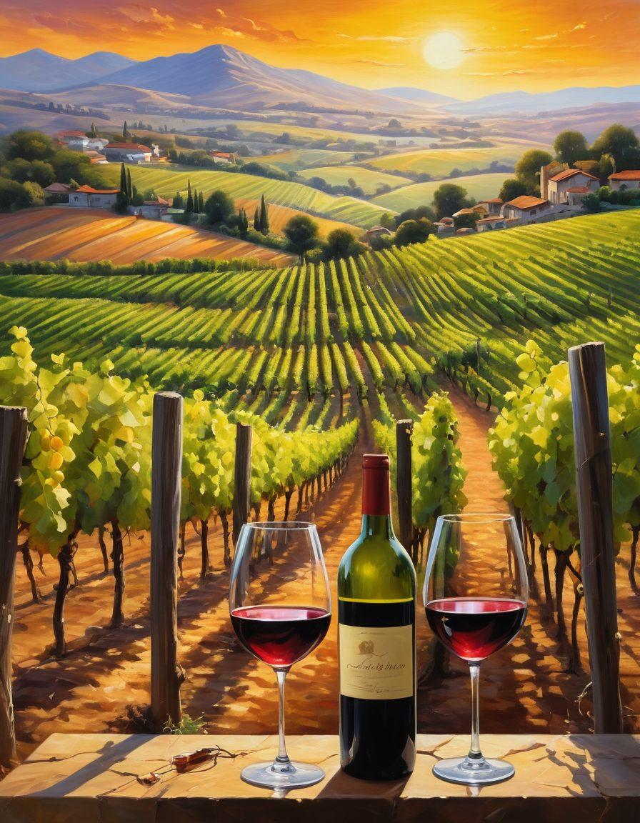 A lush vineyard basking in golden sunlight, with a painter capturing the scenery on a canvas. The canvas displays a vibrant abstract interpretation of the vines and grapes, blending artistic colors with realism. In the foreground, a glass of wine glistens, reflecting the vineyard's beauty. Rolling hills in the background add depth to the scene. The atmosphere should evoke creativity and the connection between art and wine. super-realistic. vibrant colors. warm tones.
