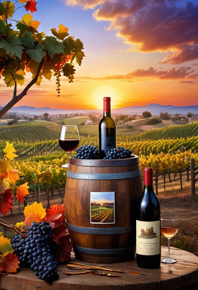 A beautifully arranged vineyard at sunset with colorful grapevines in the foreground, artistically shaped wine bottles filled with vibrant liquid, and a paintbrush and palette resting on a wooden barrel. The scene embodies the fusion of winemaking and art, with swirling colors and textures accentuating the aesthetics. super-realistic. warm tones. picturesque landscape.